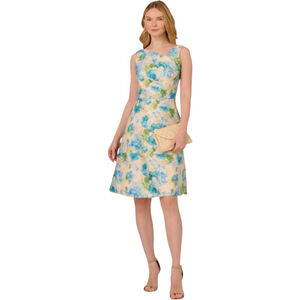 Adrianna Papell Metallic Floral Jacquard Asymmetric Neck Midi Dress Blue Size 4